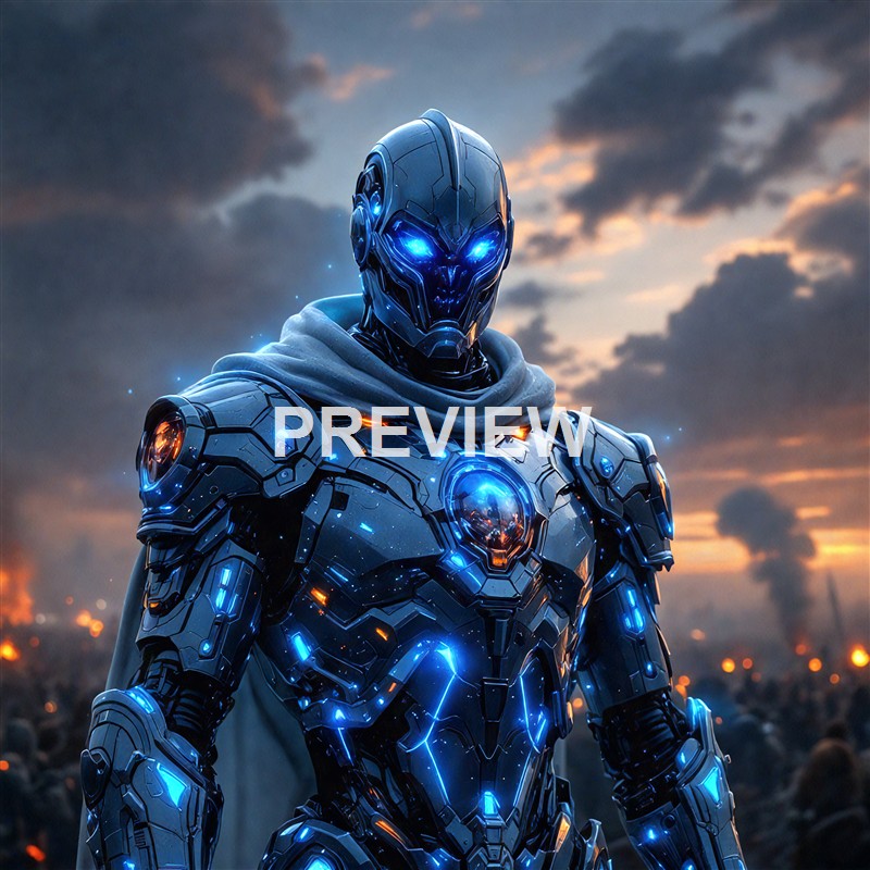 A futuristic humanoid robot with glowing blue lights and a sleek metallic armor stands against a dramatic sunset sky with dark clouds.
